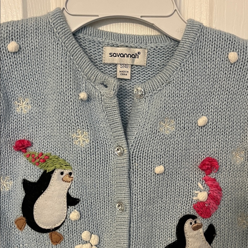 Savannah Kids' Light Blue Penguin Cardigan Sweater - Picture 4 of 7